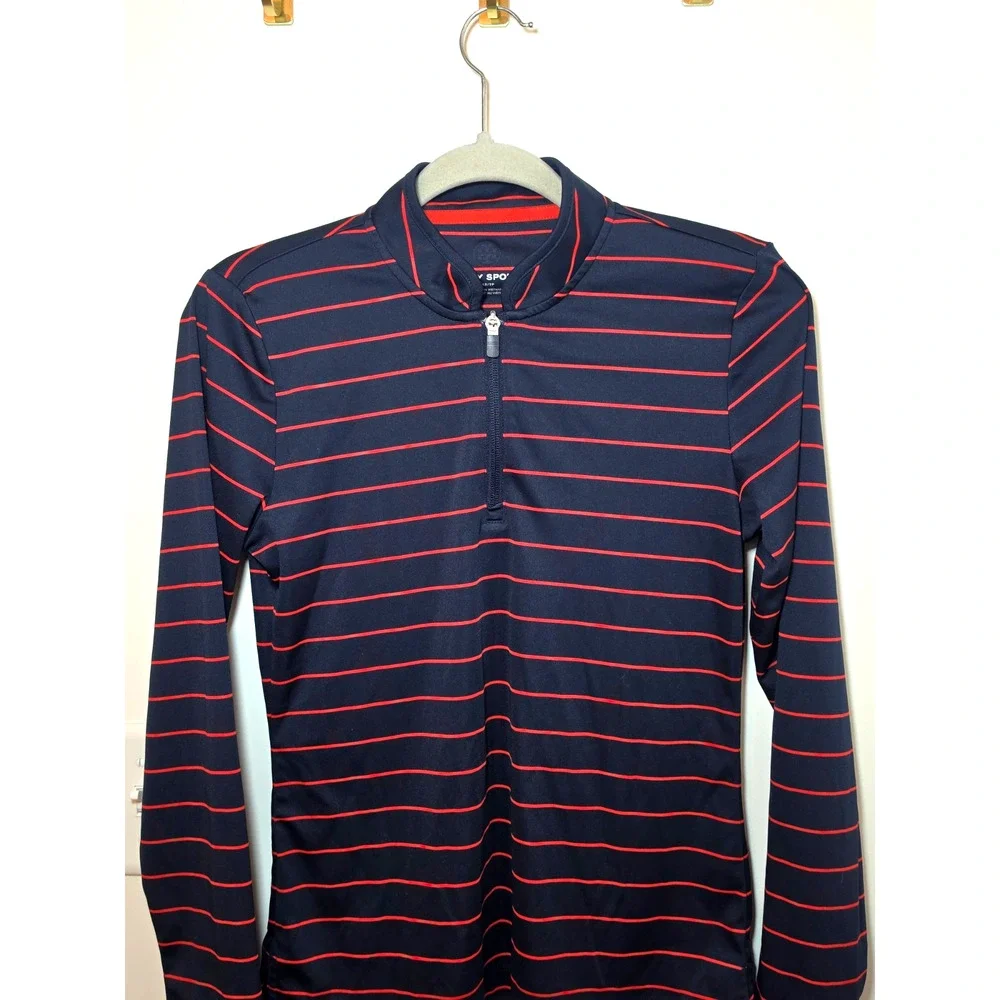 Tory Burch Sport Striped Navy 1/4 Zip Pullover Womens Size XS Golf Tennis Top